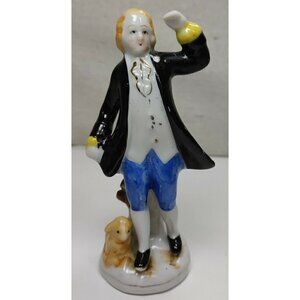 Vintage Occupied Japan Porcelain Colonial Figurines Man With Dog Sitting On Log